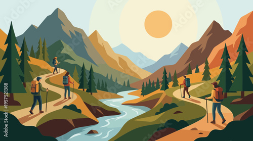 Scenic mountain hiking trail in isometric style for nature exploration