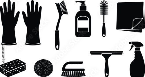 Cleaning Supplies Silhouette Set Featuring Gloves Brush Sponge Spray Bottle Scrubber and Household Hygiene Tools Collection Design