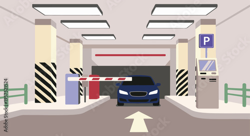 Car at underground parking garage entrance with barrier and payment machine