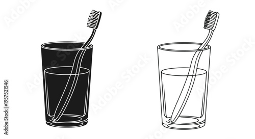 Two toothbrushes stand in glasses a simple black and white illustration