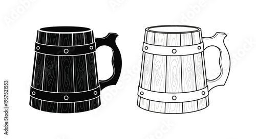 Two wooden beer mugs in contrasting black and white line art