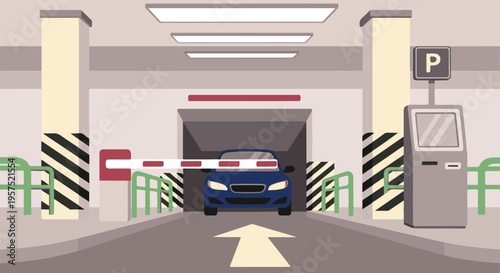 Car entering underground parking garage with barrier and payment terminal