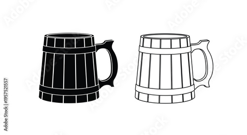 Two wooden beer mugs one dark one light in a black and white design