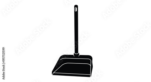 A simple black and white illustration of a dustpan and brush