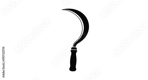 A black silhouette of a traditional farming sickle against a white background