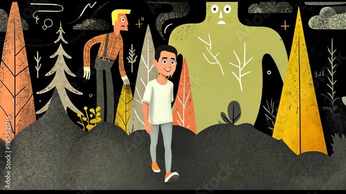 Whimsical Forest Character Design: Animated Male Figures and Mythical Creatures in a Colorful Adventure Theme