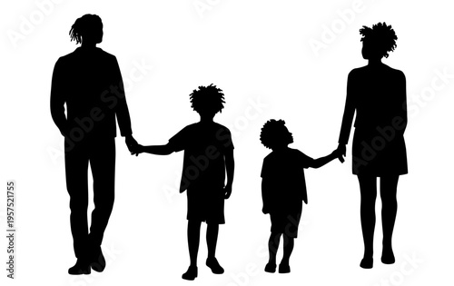 African family, silhouettes of people walking with children on vacation, summer clothes, front view, vector image, profile, black color, isolated on white background