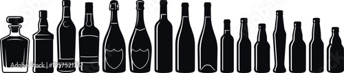 Collection of Alcohol Beverage Bottle Silhouettes Including Wine Beer Whiskey Vodka and Liquor Containers Set for Packaging Design