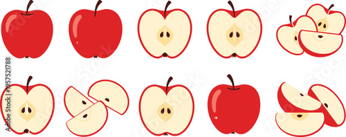 Set of Fresh Red Apple Vector Illustrations Featuring Whole Fruit, Half Slices with Seeds, and Wedges Isolated on White for Healthy Food Branding
