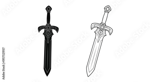 Two ornate swords depicted in a black and white line art style