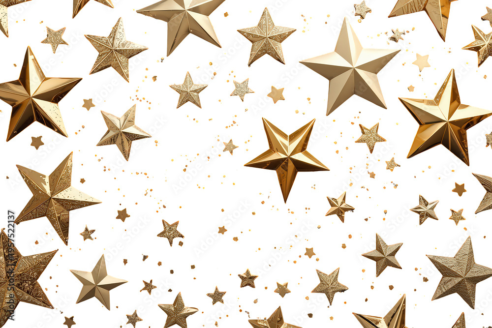 Obraz premium Golden stars and glitter falling, creating a shimmering confetti overlay, festive celebration design on transparent background