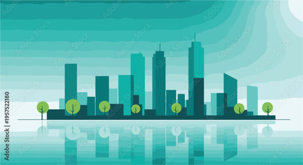 Fototapeta premium Minimalist modern city skyline with green trees and water reflection