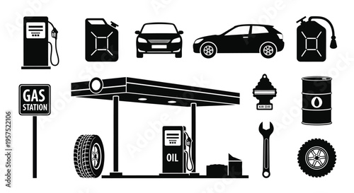 Black and white icons depicting a gas station and related automotive elements