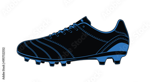 A stylized illustration of a single black and blue soccer cleat