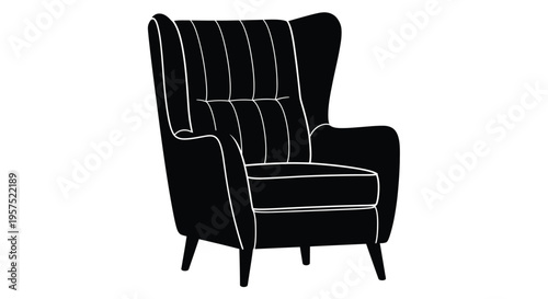A black and white silhouette of a modern winged armchair