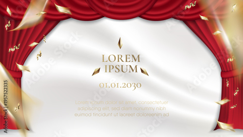 Luxury celebration backdrop with opened velvet fabric and flying golden foil