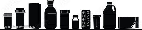 Collection of Food and Beverage Packaging Containers Silhouettes Including Bottles Boxes Cups Jars and Cartons Retail Product Set