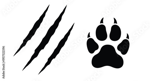 Black silhouette of claw marks and a paw print on a white background