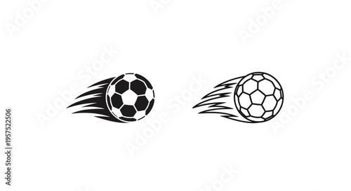 Two monochrome soccer balls depicted with speed lines and motion