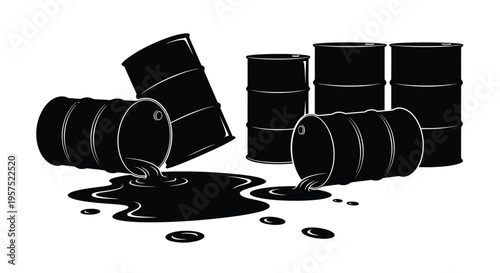 Black and white illustration of oil drums and spilled liquid