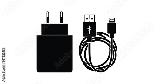 Black and white illustration of a phone charger and lightning cable