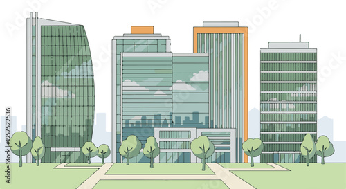 Modern city skyline with contemporary corporate buildings and green park