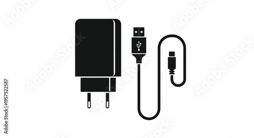 Black and white illustration of a usb power adapter and cable
