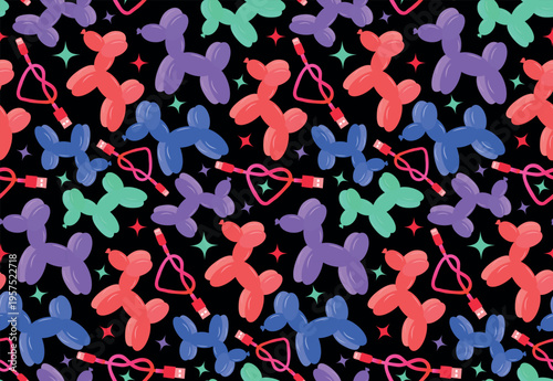 Colorful balloon dogs seamless pattern on black background pop art style