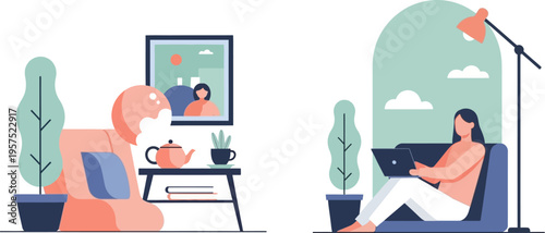 Illustrative depiction of modern home life, blending comfortable remote work environments with serene personal relaxation spaces