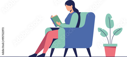 Young woman relaxing comfortably in a plush armchair, engrossed in reading a book, with a potted plant nearby, evoking a sense of peaceful leisure and personal growth