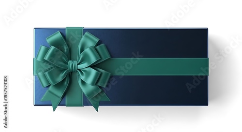 Gift box with green bow and ribbon on blue background