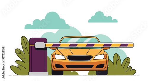Yellow car stopped at a parking barrier, illustrating access control system