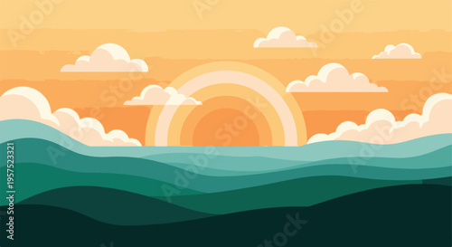 Vibrant minimalist ocean sunset illustration with waves and clouds