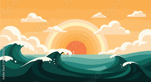 Stylized ocean waves with vibrant sunrise and clouds vector illustration