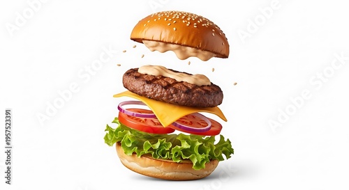 Delicious cheeseburger with lettuce, tomato, and sauce