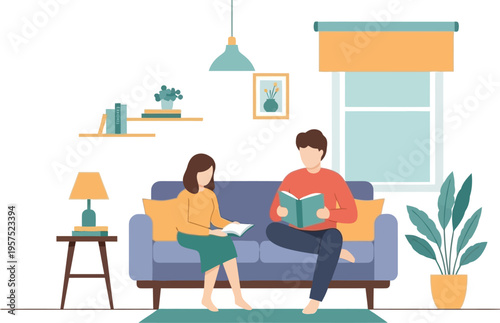 Cozy evening indoors A couple enjoying a quiet moment reading books together on a comfortable sofa, creating a peaceful atmosphere