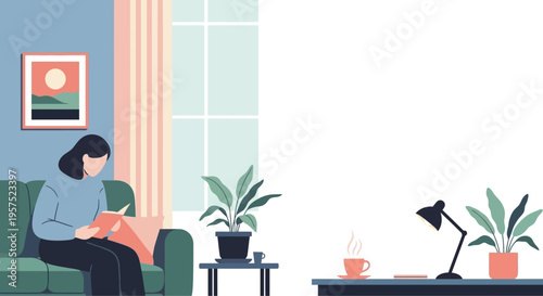 Relaxing at Home Woman Enjoys a Quiet Afternoon Reading a Book in a Cozy Living Room with Modern Decor, Perfect for Solitude and Leisure Activities