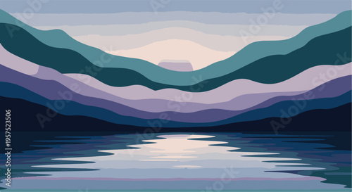 Abstract layered landscape with mountains, calm lake, and sunrise reflection