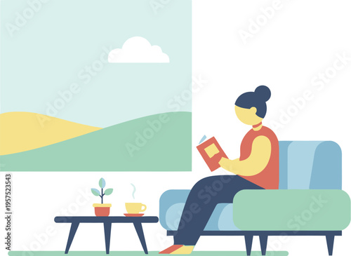 Illustrative scene of a woman unwinding indoors, immersed in a captivating book while sipping a warm beverage, promoting mindful living