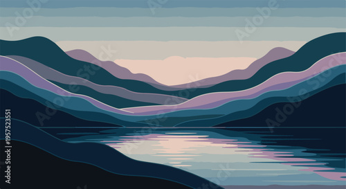 Stylized layered mountain landscape with lake and sunset/sunrise