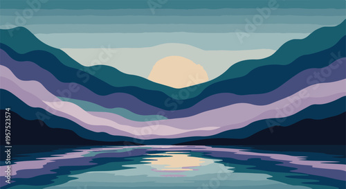 Stylized Abstract Landscape with Mountains, Sunset, and Water Reflection