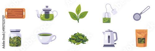 Set of green tea icons, teapot, kettle, cup, leaves, strainer, colorful collection with vector flat illustrations