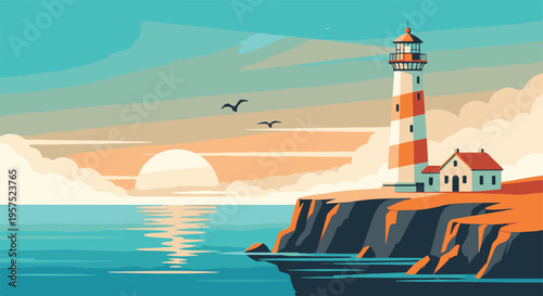 Minimalist illustration of a lighthouse on a cliff at sunrise or sunset