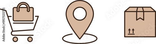 Shopping cart location pin and cardboard box shopping bag map marker