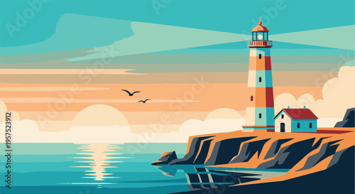 Coastal Lighthouse and House on Cliffs at Sunset with Ocean and Birds