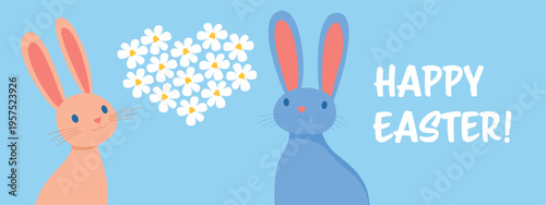 Bunny blue banner happy Easter wallpaper rabbit cute animal pink love heart poster flyer spring holiday celebration seasonal design template copy space	