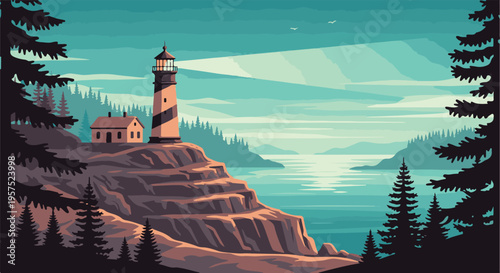 Coastal Lighthouse on a Cliff with Evergreen Trees and Ocean View Illustration