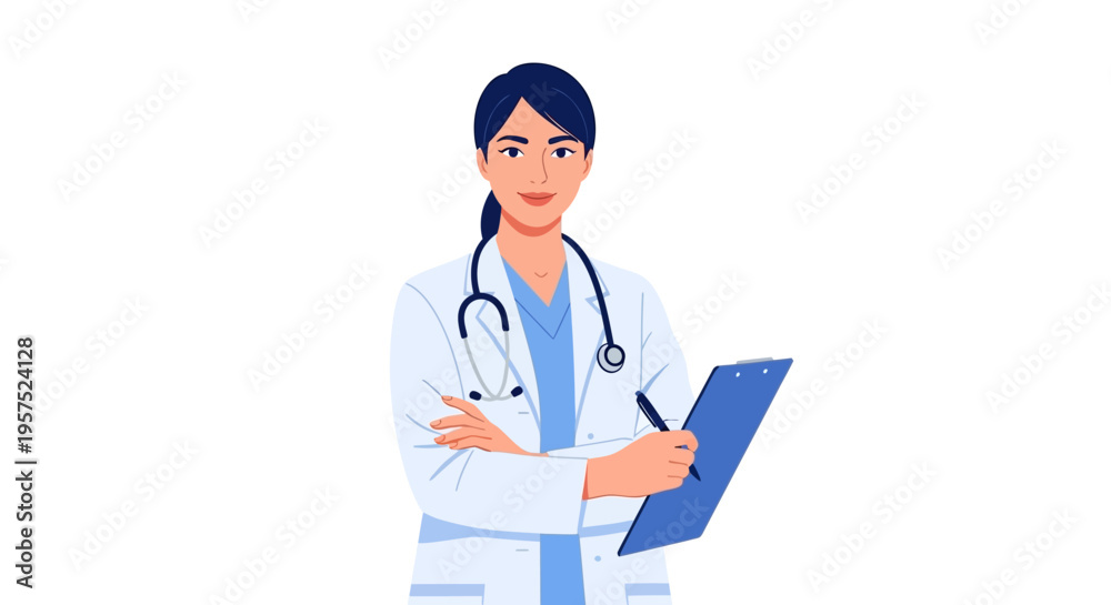 Fototapeta premium Confident Female Doctor Illustration with Stethoscope & Clipboard. Smiling Healthcare Professional Vector