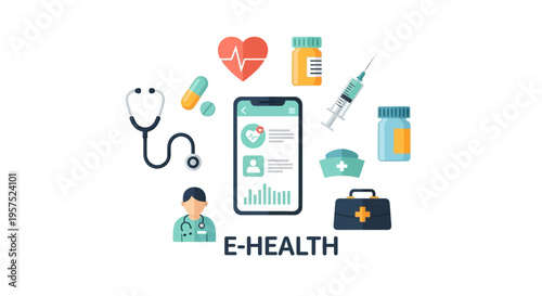 E-Health and Digital Telemedicine Concept with Mobile Healthcare App, Doctor, Stethoscope, Pills, and Medical Icons