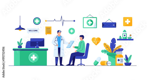 Doctor Patient Consultation and Comprehensive Medical Healthcare Services Flat Vector Illustration